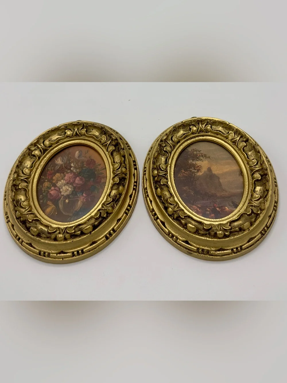 Vintage Pair Oval Gold Framed Wall Art Floral & Scenic Made in Italy